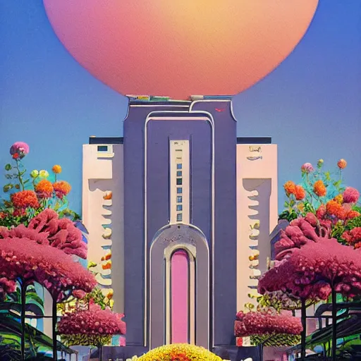 Image similar to a painting of an art deco building surrounded by flowers, a watercolor and matte painting by beeple and rhads and maxfield parrish, cgsociety, artdeco, dystopian art, sci - fi, artstation hq