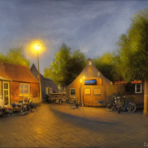 Image similar to a warm summer night in the village center of a small hovel in the netherlands, 2 0 0 8, detailed, wideshot, photorealistic, blue - yellow sky