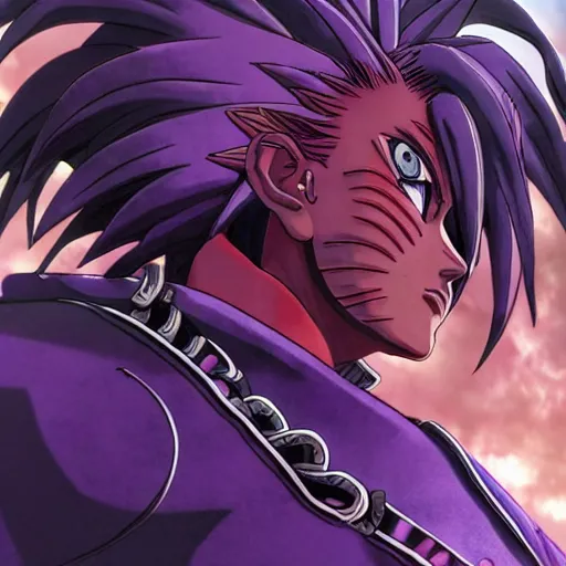 Image similar to close up of a naruto in smooth purple ninja uniform, blue spiked hair, muscular, intense, dramatic pose body of an ultrafine hyperdetailed illustration by kim jung gi, irakli nadar, intricate linework, sharp focus, bright colors, octopath traveler, final fantasy, unreal engine 5, global illumination, radiant light.