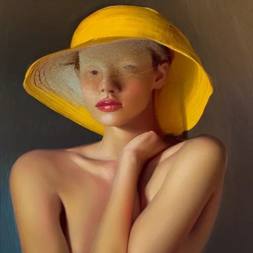 Image similar to beautiful oil matte portrait painting, young woman with red dress and mustard yellow summer hat at a beach on a sunny day, wonderful masterpiece highly detailed, beautiful cinematic light deep focus, elegant, digital painting, smooth, sharp focus, golden ratio, dramatic illumination, ultra realistic, 8 k, art by jenny saville