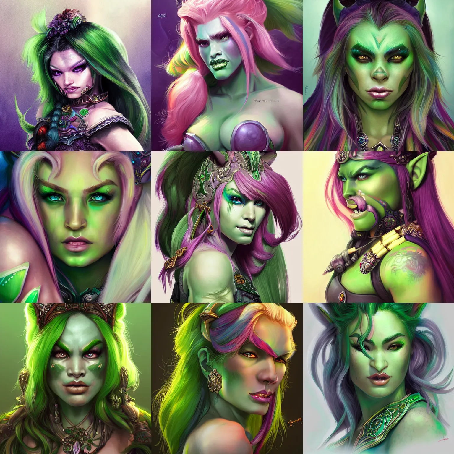 Image similar to beautiful glamorous greenskin orc girl with multicolored - rainbow hair character world of warcraft portrait, concept art, intricate details, highly detailed photorealistic portrait in the style of adam hughes, seseon yoon, artgerm and warren louw