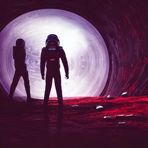 Image similar to ultra realistic, astronaut standing inside of an eerie space cathedral surrounded by cultists, there’s a large obsidian vortex floating above, black and red background, occult, photo realistic, dark atmosphere