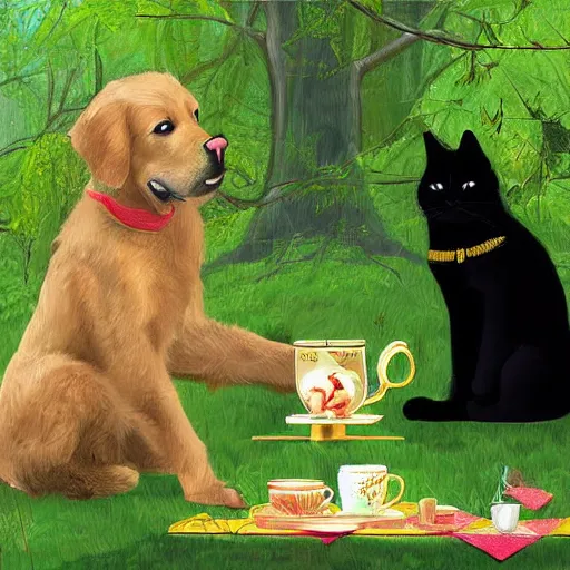 Image similar to digital art painting, golden retriever and a black kitty having a tea party in the forest