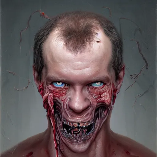 Image similar to a portrait of dmitry medvedev, flesh eating worms, macabre, horror saw teeth, horror rotten teeth, by donato giancola and greg rutkowski and wayne barlow and zdzisław beksinski, realistic face, visible face, digital art, artstation, symmetry