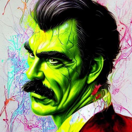 Image similar to a demon slayer portrait of tom selleck, tall, pale - skinned, slender with lime green eyes and long eyelashes by stanley artgerm, tom bagshaw, arthur adams, carne griffiths, trending on deviant art, street art, face enhance, chillwave, maximalist, full of color, glittering