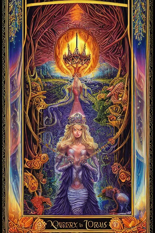 Prompt: beautiful tarot card of the queen of dreams by carol bak and jacek yerka and dan mumford and alex gray, oil on canvas, intricate border, symmetrical, 8k highly professionally detailed, HDR, CGsociety