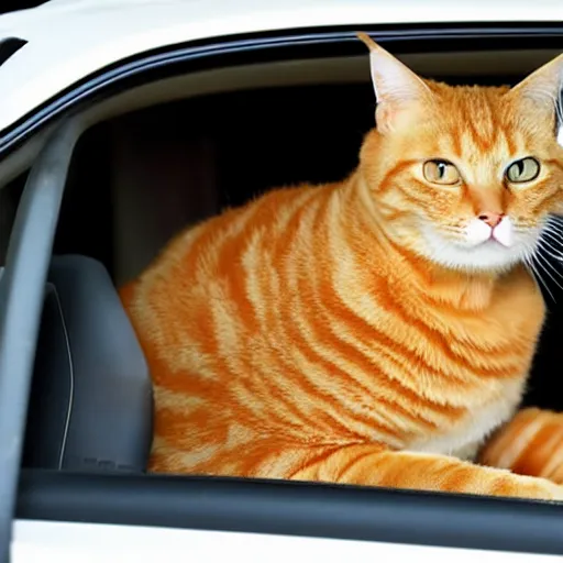 Image similar to an orange tabby cat driving a car