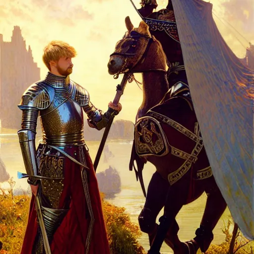 Image similar to attractive arthur pendragon and his favourite attractive male knight, they are in love, camelot, natural lighting, path traced, highly detailed, high quality, digital painting, by gaston bussiere and ross tran and j. c. leyendecker and alphonse mucha