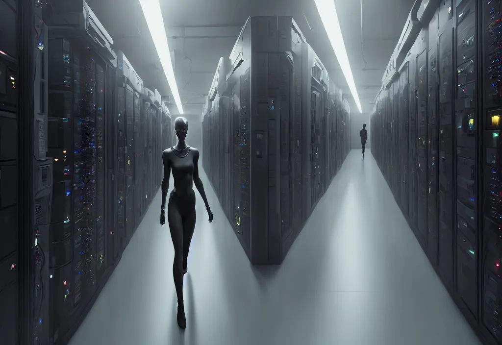 Prompt: film by denis villeneuve android walking in server room in datacenter, shot by cyberpunk syle, character design, proportional body, whole body, whole figure, very realistic cinematic concept art, complementary color, realistic detailed, sharp lines, trending on artstation, volumetric lighting, octane render