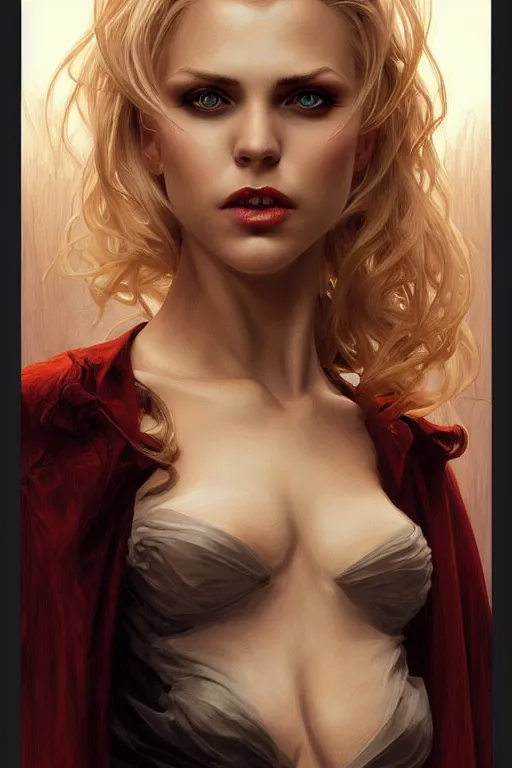 Prompt: portrait of a blonde vampire, dark, piercing eyes, gentle expression, elegant clothing, photorealistic, highly detailed, artstation, smooth, sharp focus, art by michael whelan, artgerm, greg rutkowski and alphonse mucha