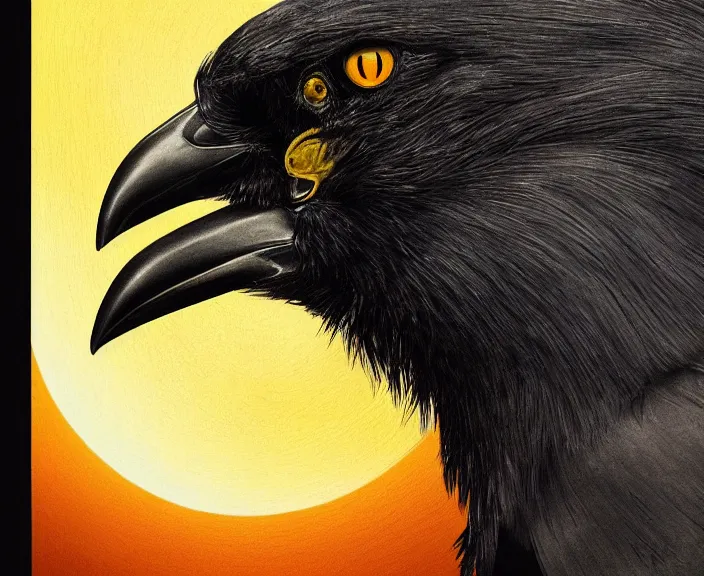 Image similar to a hyper-detailed movie poster, , close-up portrait of a crow flying above a tree in front of the full big moon; an extraordinary masterpiece!!!; flawless; proud posture; photorealistic eyes; trending on artstation; f/1.4; 90mm