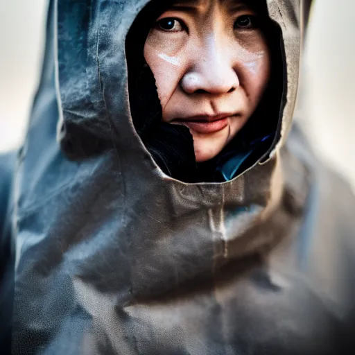 Prompt: photographic portrait of a poor techwear woman holding back tears, closeup, sigma 85mm f/1.4, 4k, depth of field, high resolution, 4k, 8k, hd, full color