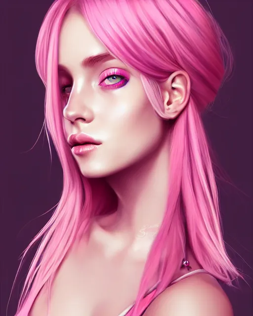 Image similar to portrait of beautiful girl with pink hair, low cut dress, boho chic. symmetry face, fine details. realistic shaded lighting, by sakimichan, kidmo, trending on pixiv, trending on artstation