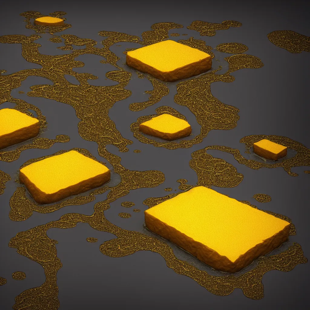 Image similar to A realistic big house made of molten cheese and fractal crystals, photorealistic, octane render,