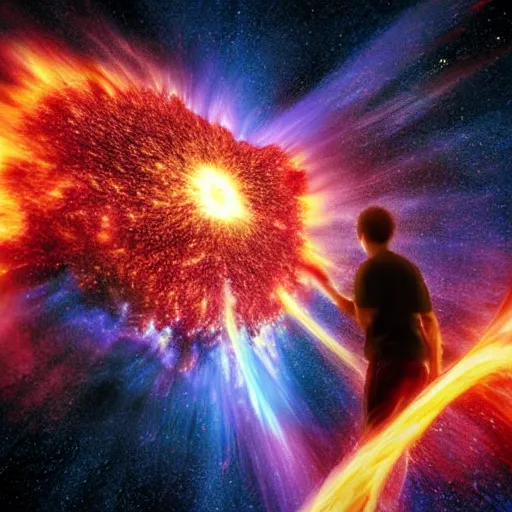 Image similar to man facing an exploding supernova. photorealism. epic.