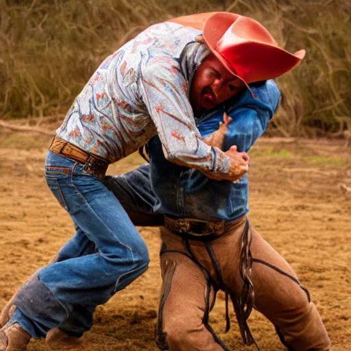 Image similar to cowboy wrestling a dinosaur