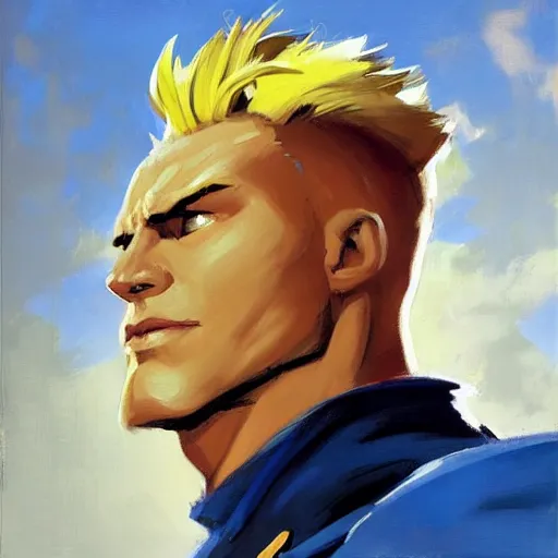 Prompt: greg manchess portrait painting of guile from street fighter as overwatch character, medium shot, asymmetrical, profile picture, organic painting, sunny day, matte painting, bold shapes, hard edges, street art, trending on artstation, by phil hale and gil elvgren and gerald brom