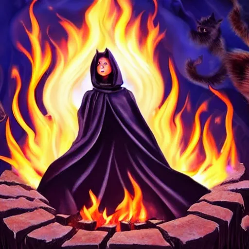 Image similar to a cult of black cloak wearing kittens summon a evil goddess from the depths of a raging fire pit. Flames are emerging from fissures in the ground.