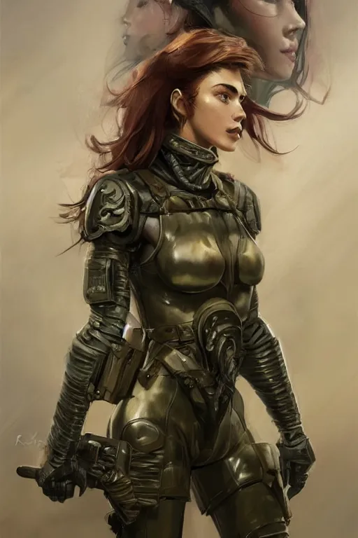 Image similar to a professionally painted portrait of an attractive young woman, clothed in military armor, olive skin, long dark hair, beautiful bone structure, symmetrical facial features, intricate, elegant, digital painting, trending on Artstation, concept art, smooth, sharp focus, illustration, from Metal Gear by Ruan Jia and Mandy Jurgens and Artgerm and William-Adolphe Bouguerea, award winning