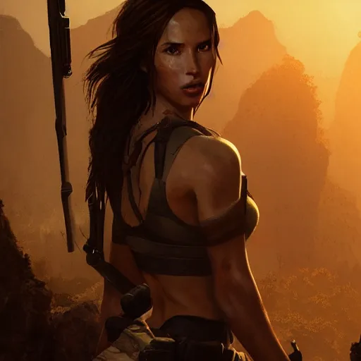 Image similar to lara croft, atmospheric lighting, painted, intricate, volumetric lighting, beautiful, golden hour, sharp focus, ultra detailed, by leesha hannigan, ross tran, thierry doizon, kai carpenter, ignacio fernandez rios