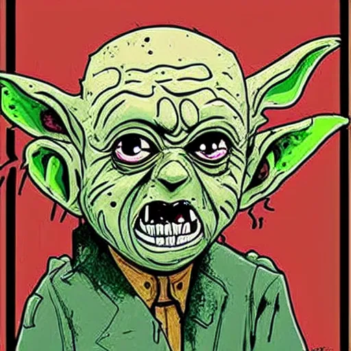 Prompt: zombie yoda, yoda as a zombie, sergio aragones, zombified, scary