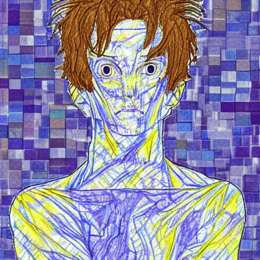 Image similar to ebisu god sketch by egon schiele glitch datamosh minimalism