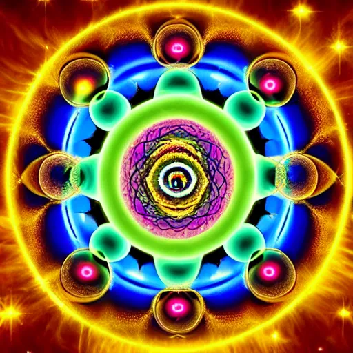 Prompt: all chakras align in the universal god form that floats suspended in time and space above the all knowing eye which controls the ebb and flow of tangible atomic illusion