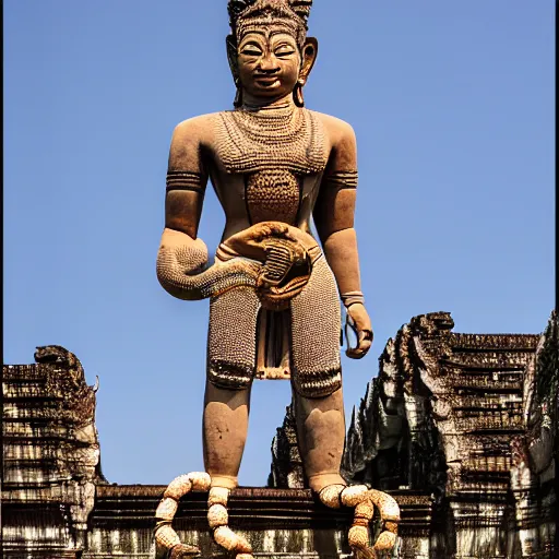 Image similar to angkor thon, asuras yaksha giant, holding a snake, full body, photorealistic, photography hight quality, sharp, stones, award winning photography, canon, thierry rouzier