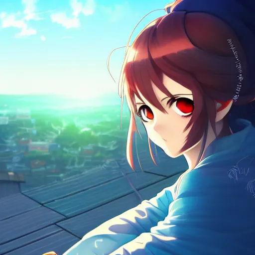 Image similar to digital anime art in the style of netflix arcane, cute female ninja sitting on an old japanese roof at golden hour, soft azure blue eyes, close up, wlop, ilya kuvshinov, backlit