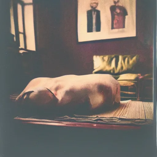 Image similar to coloured atmospheric polaroid photo of a with transparent corpse dead body floating in old living room interior