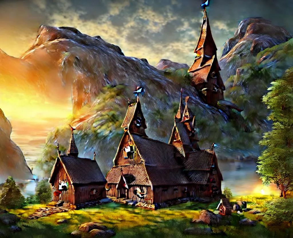 Prompt: Hopperstad Stave Church, medieval wooden church by norwegian fjord, beautiful scenery, mountains, sea, rocks, evening sunset, birds returning to their nest, a matte painting by Filip Hodas, featured on cgsociety, magical realism, matte painting, anamorphic lens flare, concept art