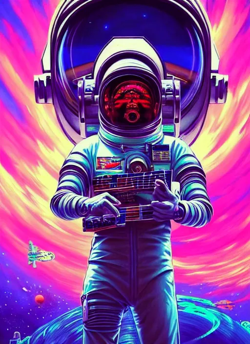 Image similar to hyper detailed ultra sharp painting of a vaporwave cyberpunk astronaut guitar musician. trending on artstation, warpaint aesthetic, earthwave, colorful, psychedelic, ornate, intricate, digital painting, concept art, smooth, sharp focus, full body, floating in space in front of saturn illustration, art by artgerm and darius zawadzki and alphonse mucha, 8 k