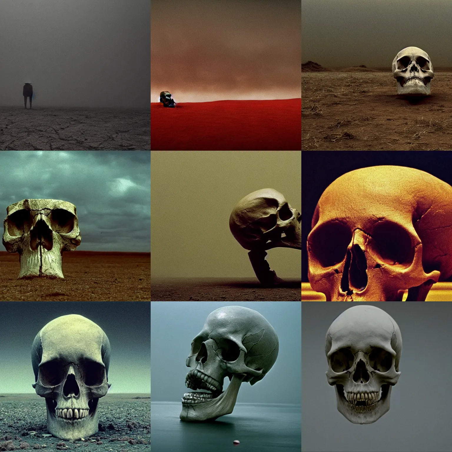 Prompt: a skull, film still from the movie directed by Denis Villeneuve with art direction by Zdzisław Beksiński, wide lens