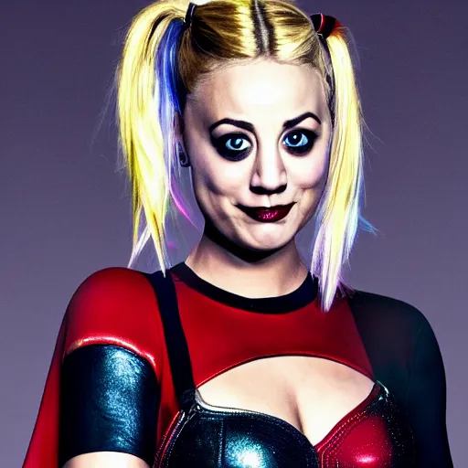 Prompt: A still of Kaley Cuoco as Harley Quinn, colored highlights in hair