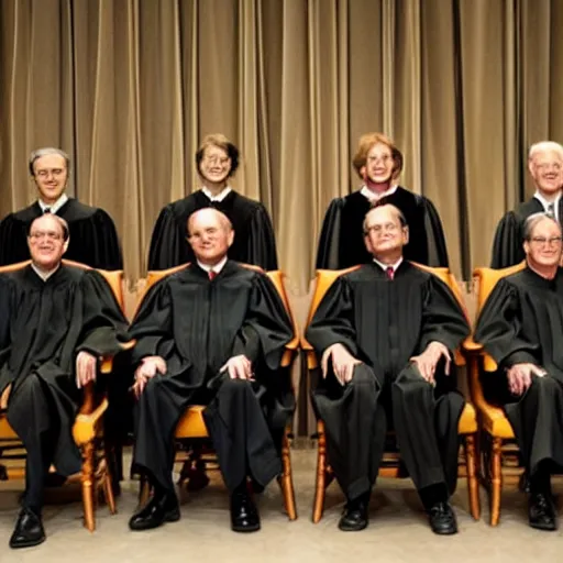 Prompt: 6 Clowns sitting with 3 Justices on the Supreme Court, photorealistic