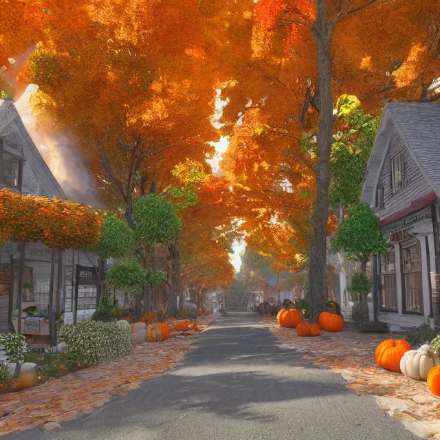 Prompt: pretty colonial city street with shops and pumpkins, maple trees with fall foliage, new hampshire mountain, stone walls, volumetric, realistic, cinematic lighting, ray tracing, unreal engine 5, octane render, hyper realistic, photo, 8 k