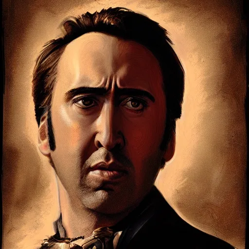 Image similar to Portrait of a Nic Cage , art by Albert Bierstadt and James Gurney, highly detailed, digital painting, matte painting, concept art, illustration, oppressive lighting, trending on artstation, very detailed