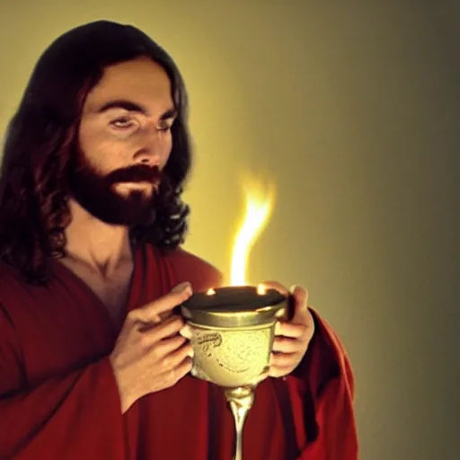 Image similar to Jesus holding the holy grail, cinematic masterpiece, warm atmosphere, very sharp and detailed image