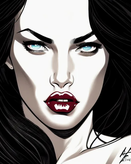 Image similar to low angle closeup beautiful very seductive megan fox retro scifi goddess pinup, action glamour pose, windblown dark hair, hyper detailed, digital art, studio lighting, smooth, ambient lighting, sharp focus, frank miller, wlop, anna dittmann, moebius!, alphonse mucha, patrick nagle!!, rim lighting, synthwave