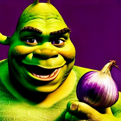 Prompt: a stock photo of shrek eating an onion, 8 k, ultra - realistic, white background, face cluse - up