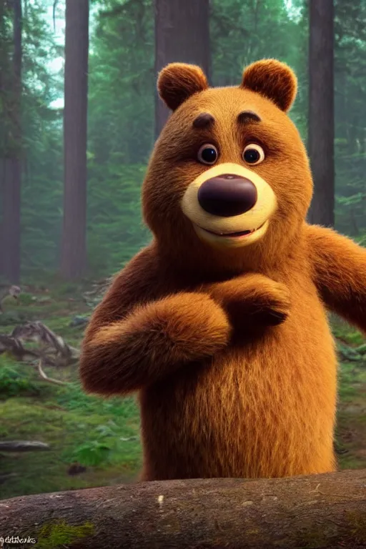 Prompt: cinematic shot of a cute anthropomorphic bear standing in the forest with his hands on his waist by greg rutowski and his face by pixar with a warm smile and big green eyes, full view of bear, anatomically correct body, disney, yogi bear, studio ghibli, 8 k, masterpiece