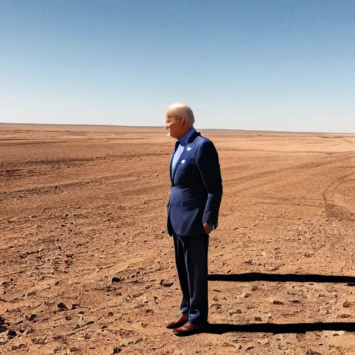Image similar to a far away shot of Joe Biden standing in the middle of the desert