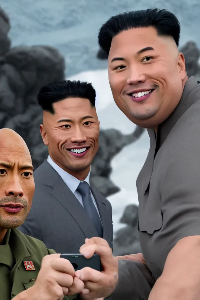 Image similar to selfie of dwayne the rock johnson and kim jong - un, pyongyang, 8 k resolution