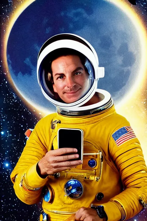 Image similar to extremely detailed studio portrait of space astronaut, holds a smart phone in one hand, phone!! held up to visor, reflection of phone in visor, moon, extreme close shot, soft light, golden glow, award winning photo by david lachapelle