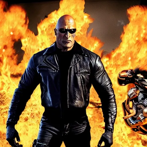 Image similar to dwayne johnson as ghost rider, showing his skull, gta cover art