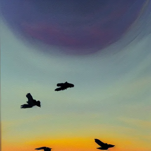 Prompt: a painting of a beautiful flock of crows flying at sunset, trending on artstation, masterpiece