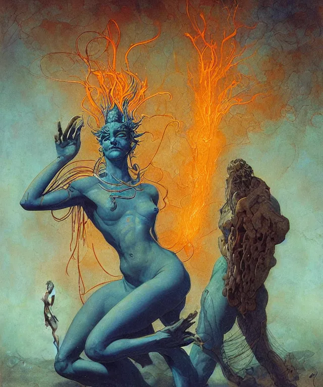 Prompt: blue shiva with man ’ s body, glowing fiery background, in the style of peter mohrbacher, wayne barlowe, gustav moreau, bussiere, roberto ferri, santiago caruso, luis ricardo falero, austin osman spare, colorful