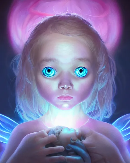 Image similar to one signular portrait of a cute bioluminescent baby creature with big glowing eyes, highly detailed, digital painting, cinematic, hyper realism, dark retrowave, art by Stanley Lau and Artgerm and magali villeneuve and Alphonse Mucha, artstation, octane render, cgsociety