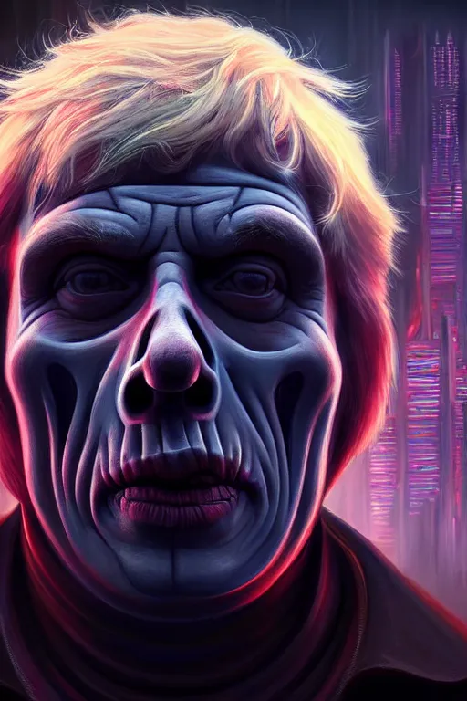 Prompt: Beautiful closeup portrait 3d render of the Boris Johnson as grim reaper, face portrait, atmospheric lighting, painted, intricate, volumetric lighting, beautiful, rich deep colors masterpiece, sharp focus, ultra detailed, in the style of Dan Mumford and marc simonetti, with a crowded futuristic cyberpunk city in the background, astrophotography