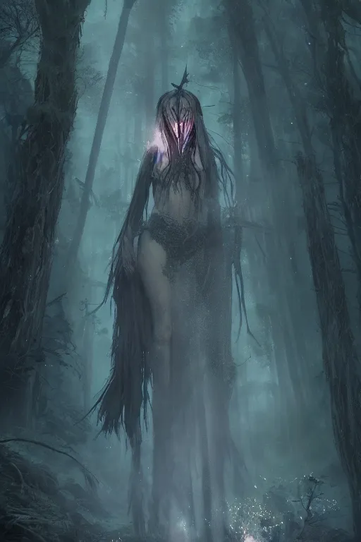 Image similar to a fancy illustrated portrait of a beautiful dark mage performing a ritual deep in a forest by Greg Rutkowski, Sung Choi, Mitchell Mohrhauser, Maciej Kuciara, Johnson Ting, Maxim Verehin, Peter Konig, final fantasy , mythical, 8k photorealistic, cinematic lighting, HD, high details, atmospheric,